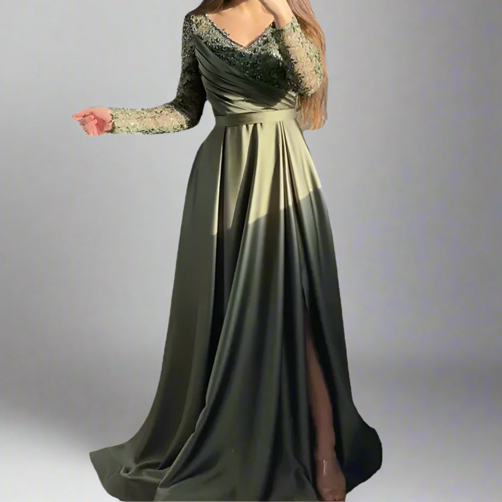 Long Sleeve embroidered High Waist Evening Dress