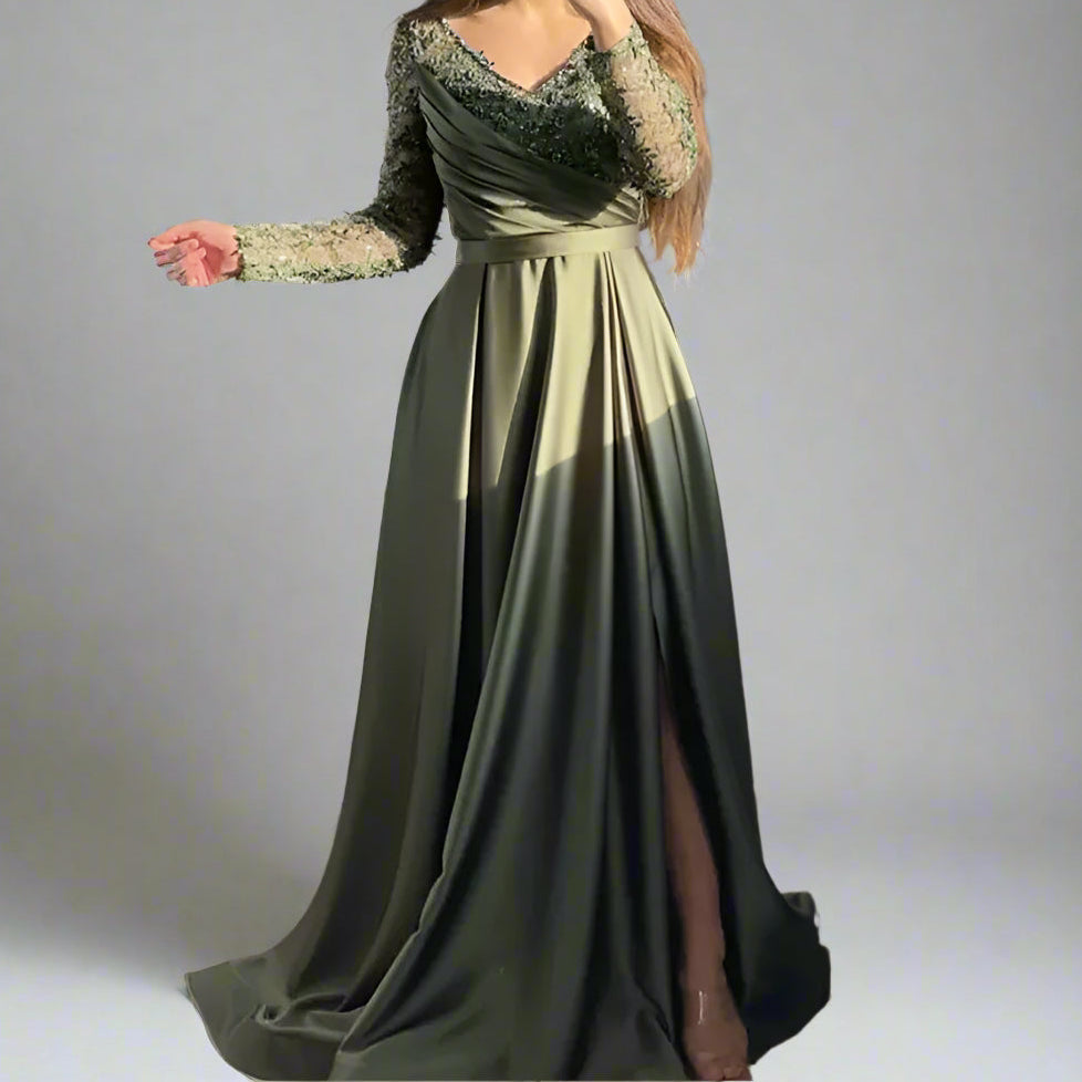 Long Sleeve embroidered  High Waist Evening Dress