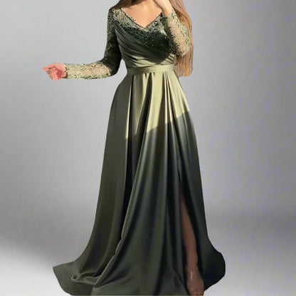 Long Sleeve embroidered  High Waist Evening Dress