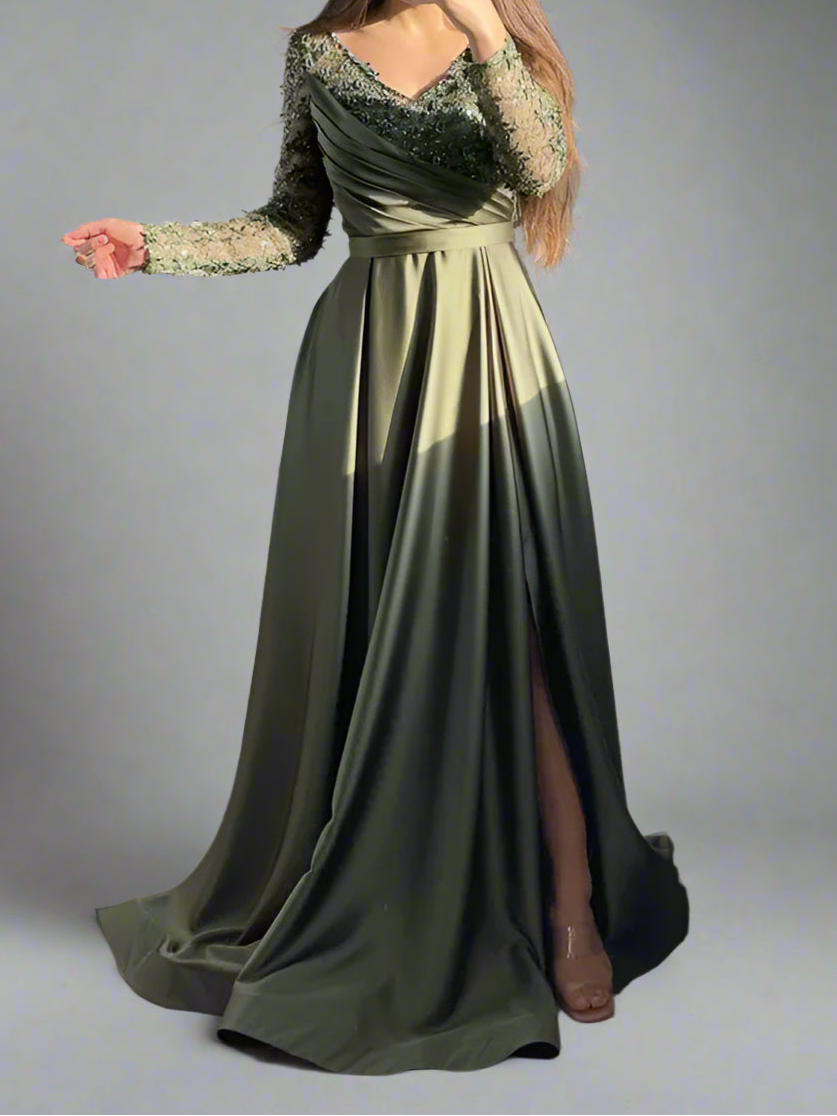 Long Sleeve embroidered  High Waist Evening Dress