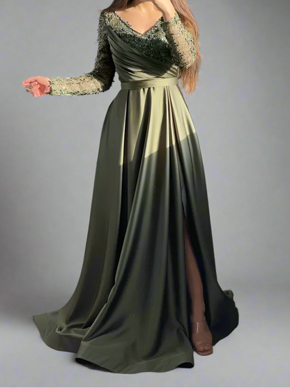 Long Sleeve embroidered  High Waist Evening Dress